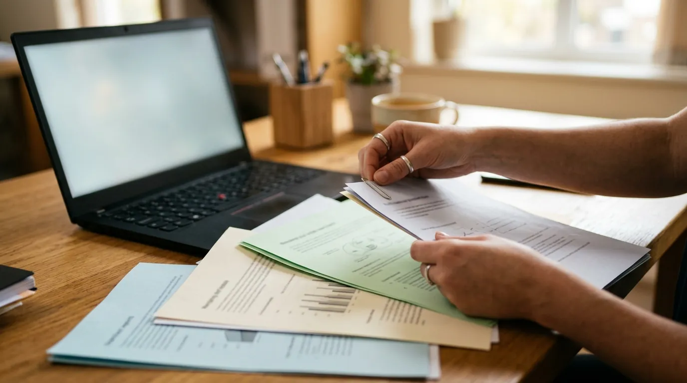 Four separate reports scattered on a desk while a hand tries to clip them together
