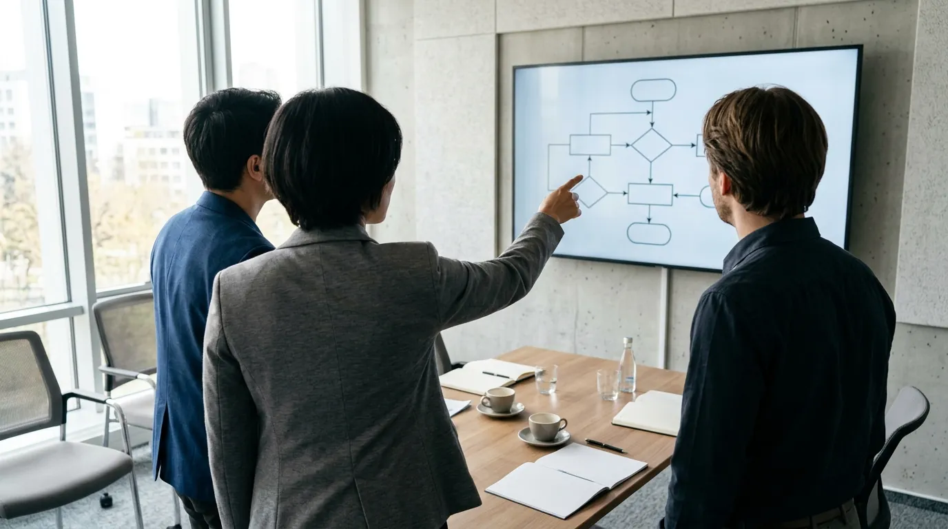 A small team gathered around one screen showing a single connected plan