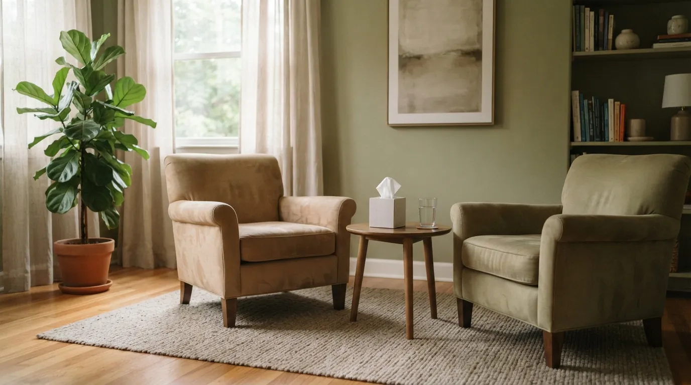 Calm, empty therapy office with two armchairs and soft daylight