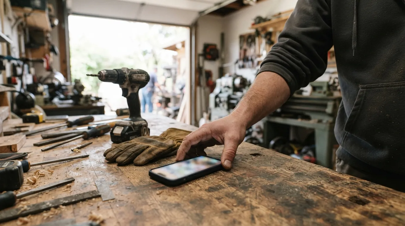 A phone on a workbench next to work gloves and a drill, with a hand reaching for it